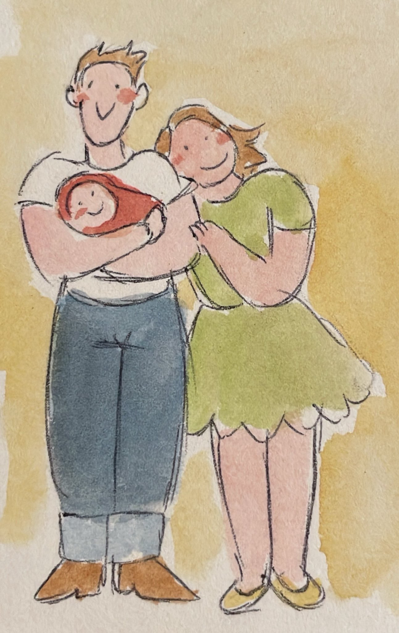 watercolor of katie, nelson, and our expected child mark andrew